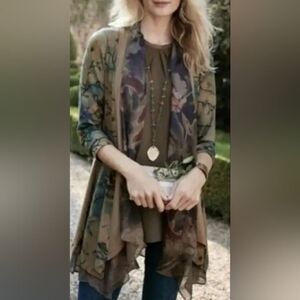 Soft Surroundings L Multclr Women Duster Cardigan  Layers Open Front Floral Bird